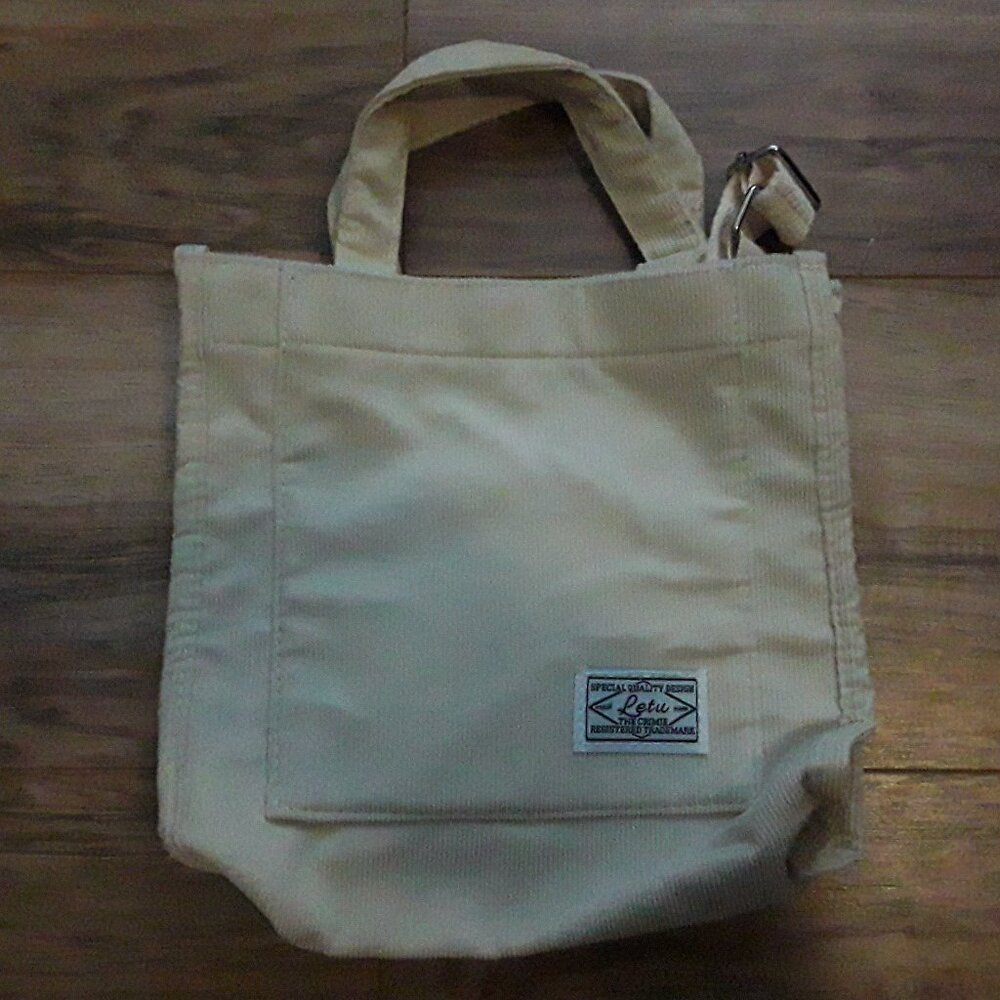 Letu beige corduroy tote bag w/front pocket,snap closure main compartment